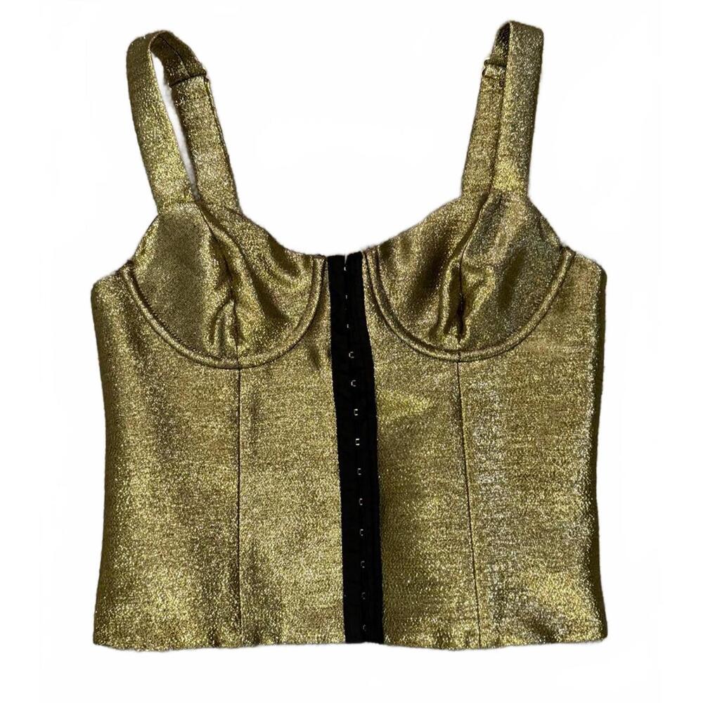 For Love & Lemons Gold Metallic Bustier Crop Top Front Hook Closure Small S